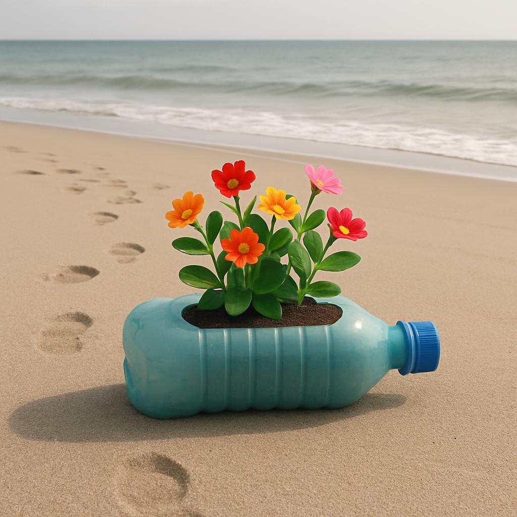 A beach scene with a blue plastic bottle turned into a planter, filled with colorful flowers. The bottle is made from a pl...